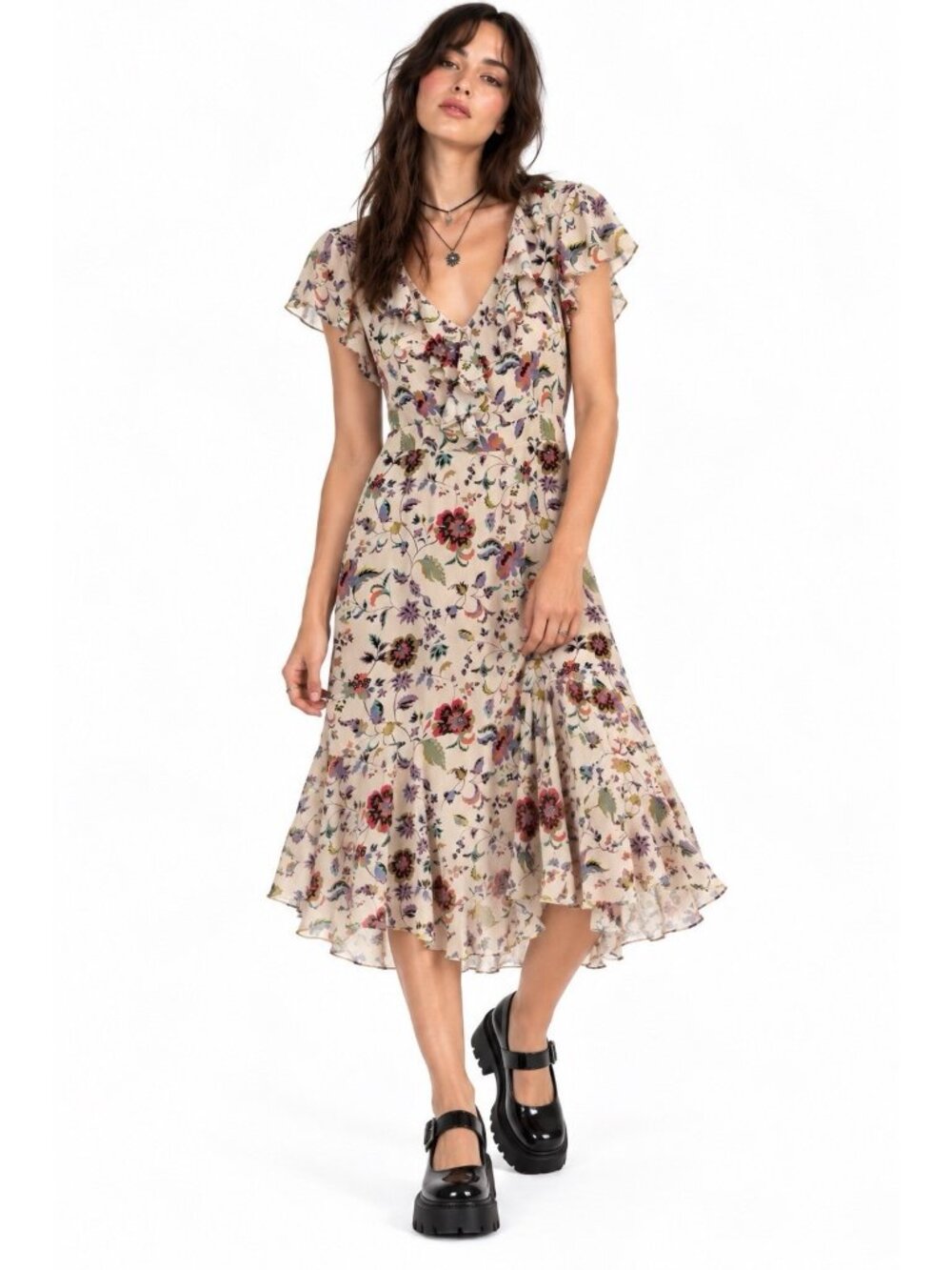 SUI BY ANNA SUI midi dress floral ruffle LARGE dark bohemian grunge cottage